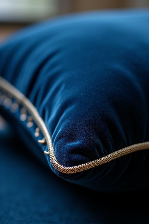 Dettaglio di un cuscino in velluto blu profondo con bordino a contrasto.