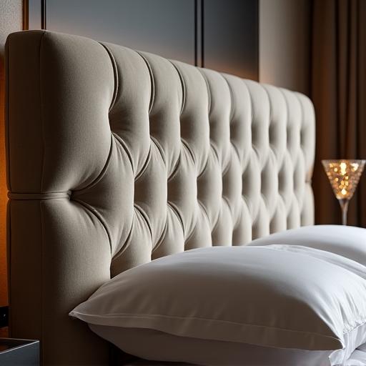 Testata del letto imbottita e realizzata su misura con lavorazione capitonné.