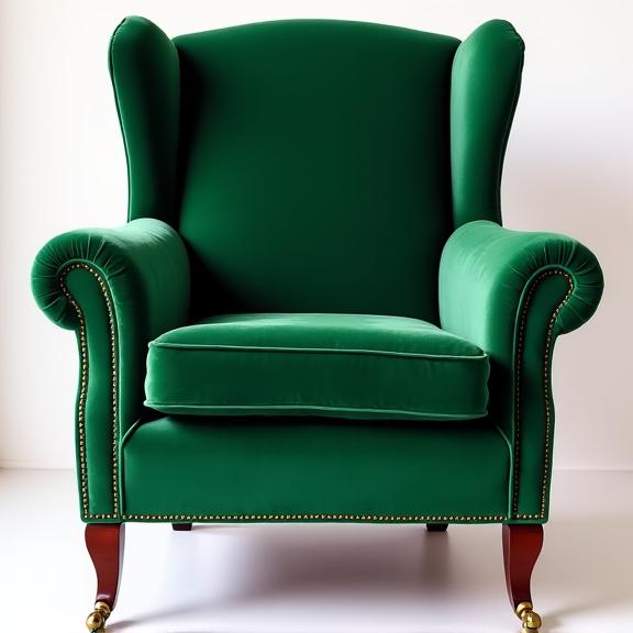 The same armchair, now beautifully restored with luxurious green velvet upholstery.