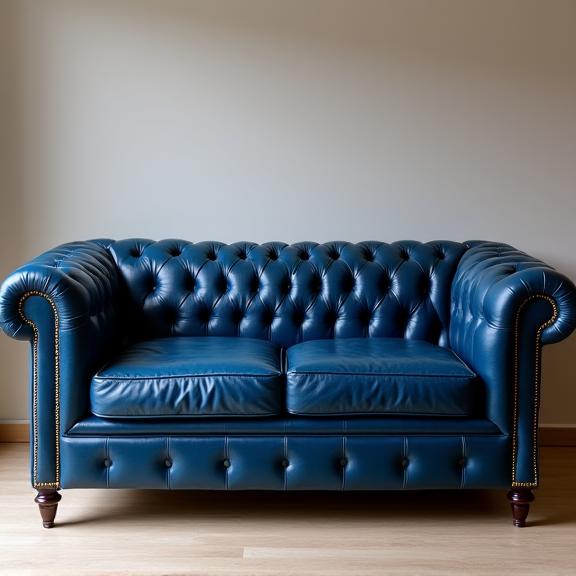 The same Chesterfield sofa, fully restored with new deep blue leather and perfect button tufting.