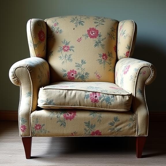 A worn-out vintage armchair with faded floral fabric and sagging cushions.