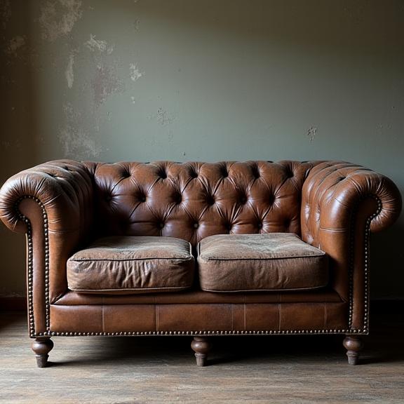 An old Chesterfield sofa with torn brown leather and missing buttons.