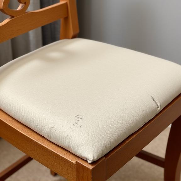 A wooden dining chair with a stained and flat seat pad.