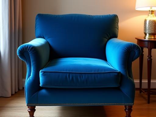 Poltrona classica con un nuovo rivestimento in velluto blu.